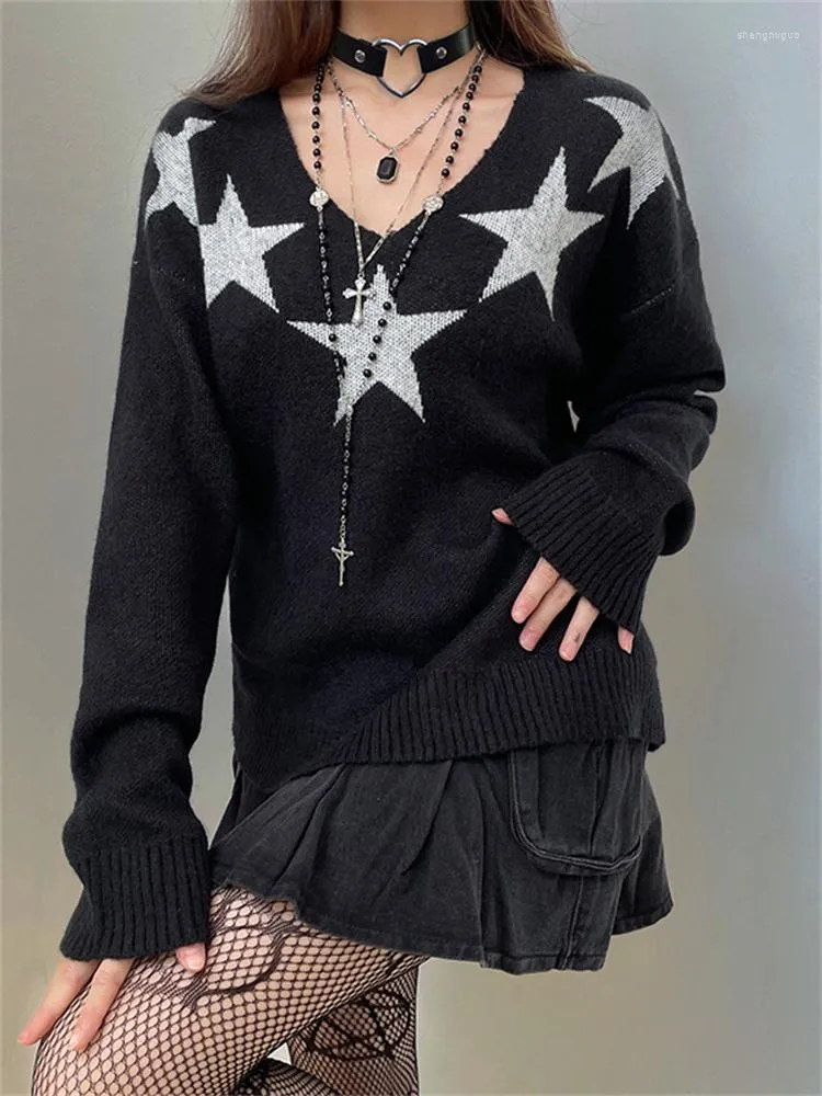 Kvinnors T-skjortor Dark Wind Punk Star Print Stitching Top Harajuku Retro Low-Cut V-Neck Woolen Tidig Autumn Loose Outter Wear Sweater