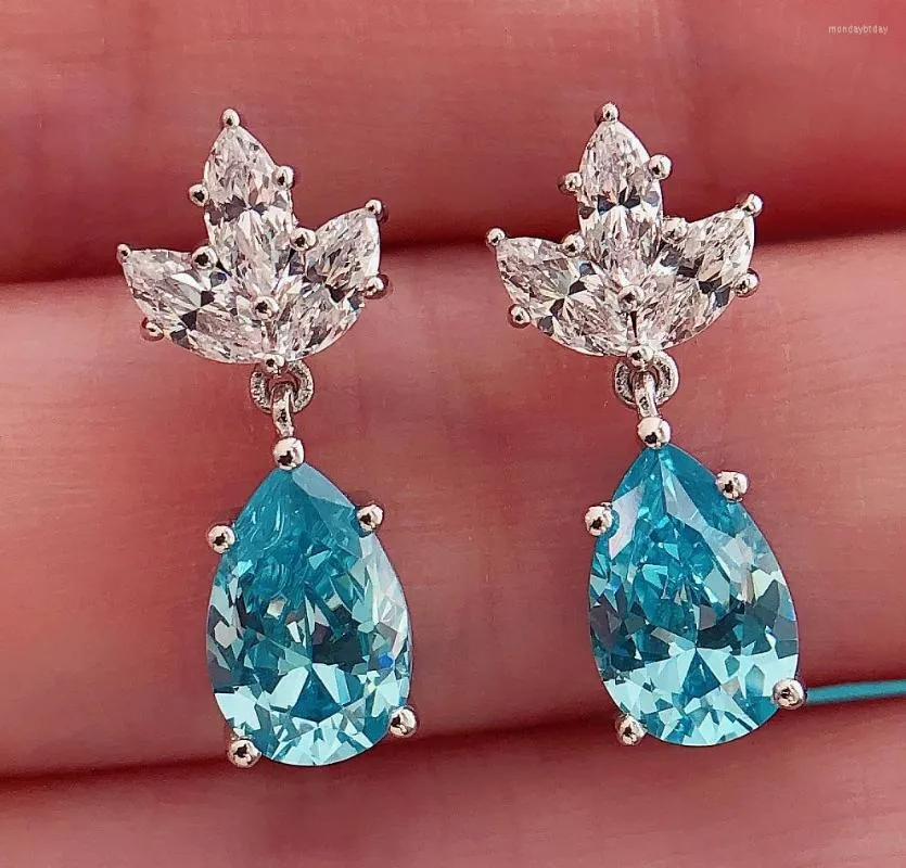 Boucles d'oreilles à tige en or blanc massif 14K 1.5 / pièce en forme de poire diamant bleu océan pour les femmes beaux bijoux cadeau Gir Friend