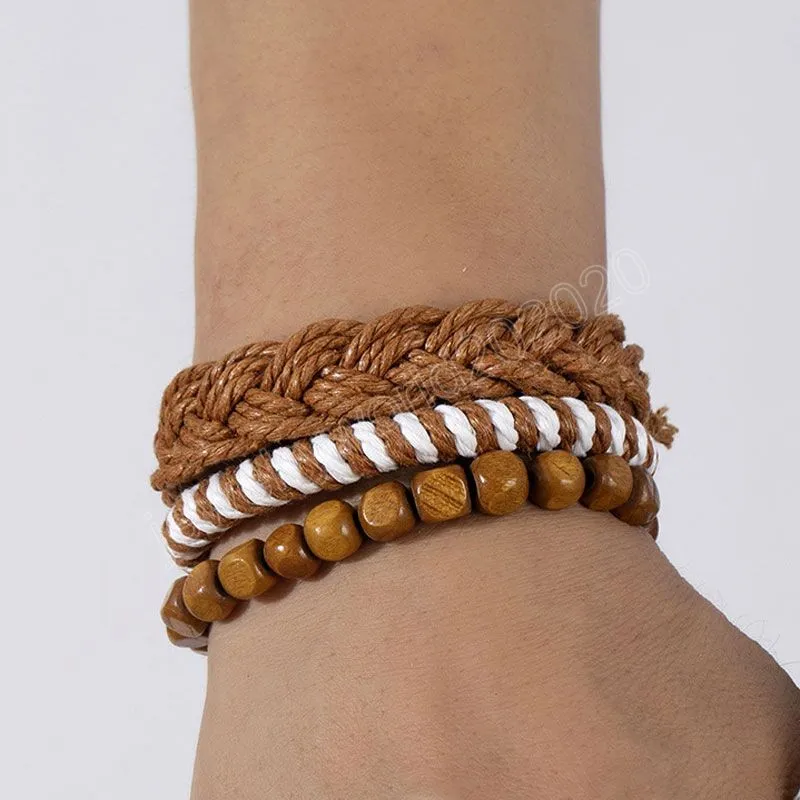 Corde à la main tressée en bois perlé bracelets porte-bonheur ensemble pour hommes femmes fête décor bracelet bijoux