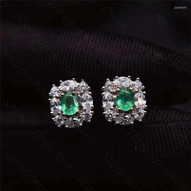 Stud Earrings Natural Emerald 925 Silver Two-color Electroplating Process High-end Luxury Style