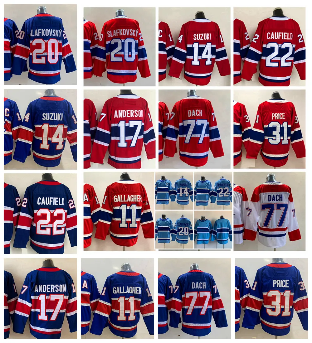 2023 Juraj Slafkovsky 20 camisas de hóquei 22 Cole Caufield 31 Carey Price 14 Nick Suzuki C 17 Josh Anderson 77 Kirby Dach 11 Brendan Gallagher Reverse Retro Blue Jersey