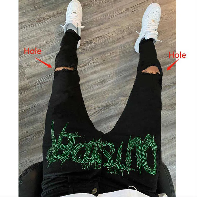 Men's Jeans Men's Black Jeans Trend Jogger Hip Hop All-match Street Comfortable Skinny Destroyed Stretch Rhinestones Small Feet Denim Pants T221102