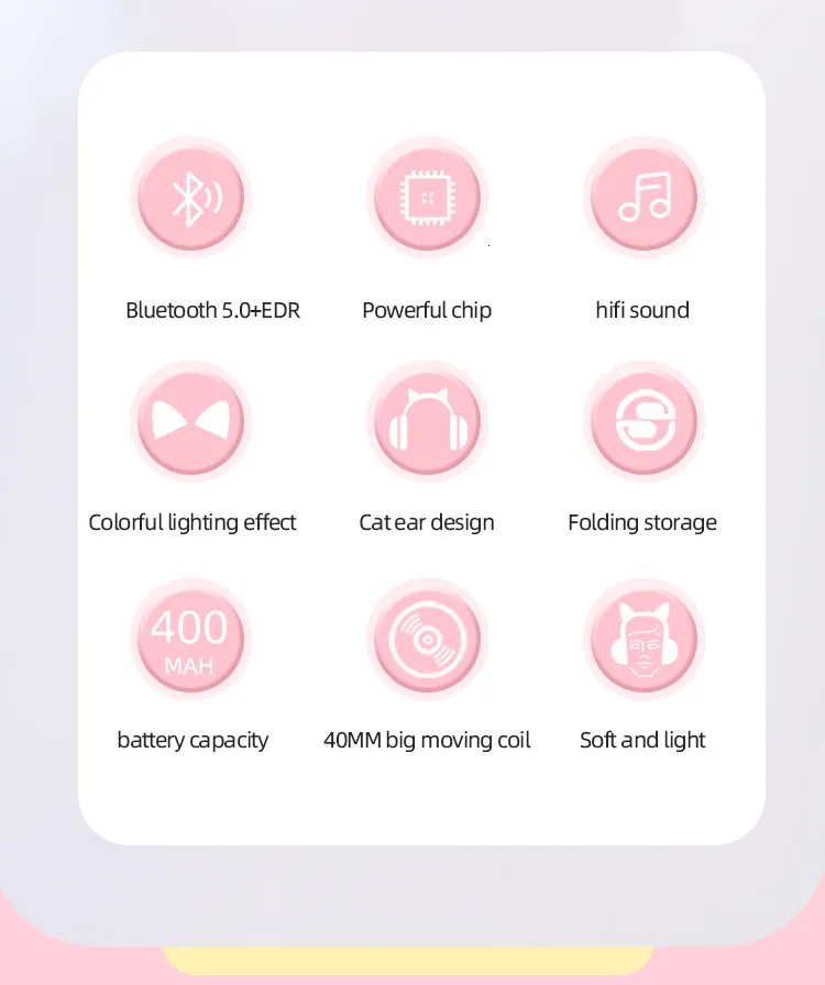 Cuffie auricolari per cellulare, cuffie wireless con luce flash, graziose orecchie di gatto con microfono, LED, cuffie stereo per musica da bambina, casco_voghion.com
