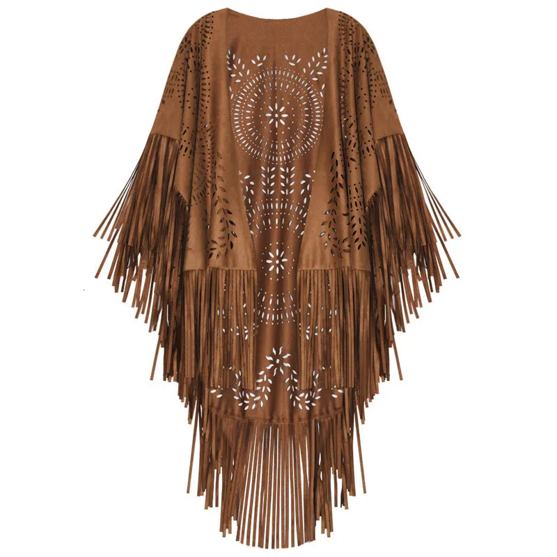 Shawls Camel Suede Floral Hollow Out Fringe Tassel Shawl Women Vintage Capes Ponchos Autumn Bohemian cardigan Cloak Boho 221110