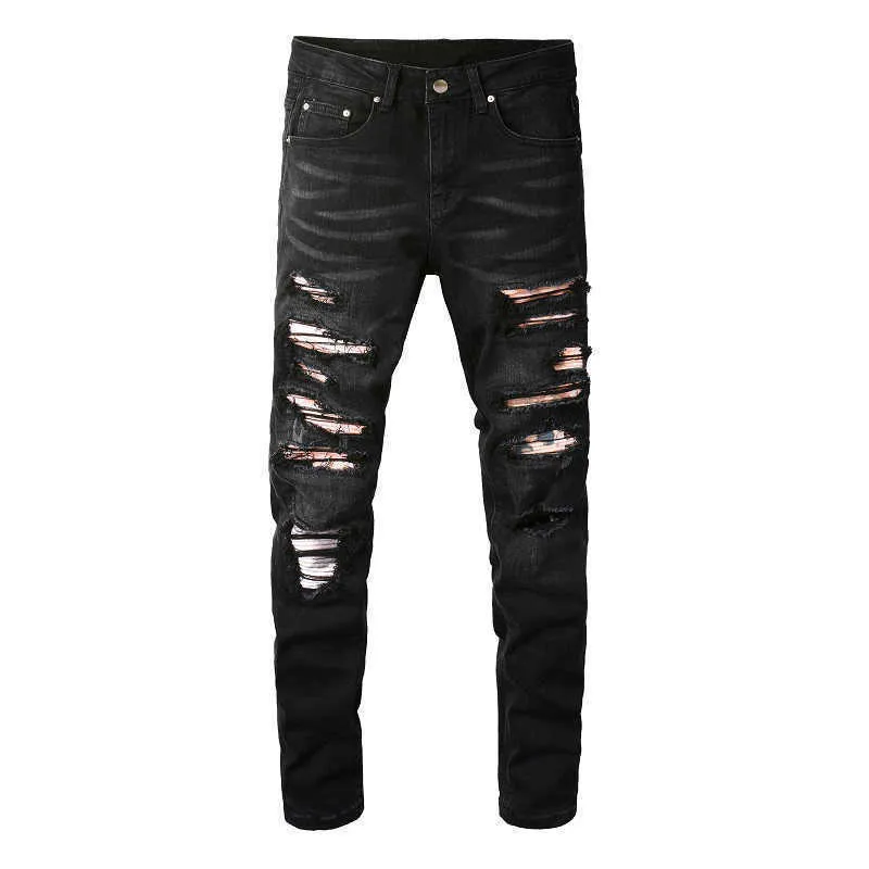 Mäns jeans män knäckt veckad patch cyklist jeans streetwear lapptäckhål rippade nödställda stretch denim byxor mager byxor t221102