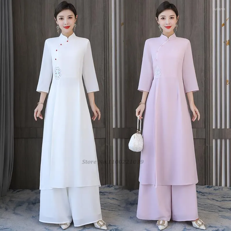 Etnische kleding 2022 Traditionele vintage 2 stuks Chinese nationale vrouwen Qipao Dress Wide Leg Pants Set Tang Suit Oosterse Service Hanfu