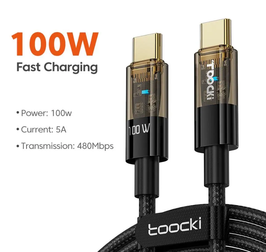 Transparent Toocki LED USB Type C-kabel 100W PD Fast Charging Charger 66W/6A USB-C Typ-C Data Cord Cable för Huawei P50 Xiaomi Poco Samsung