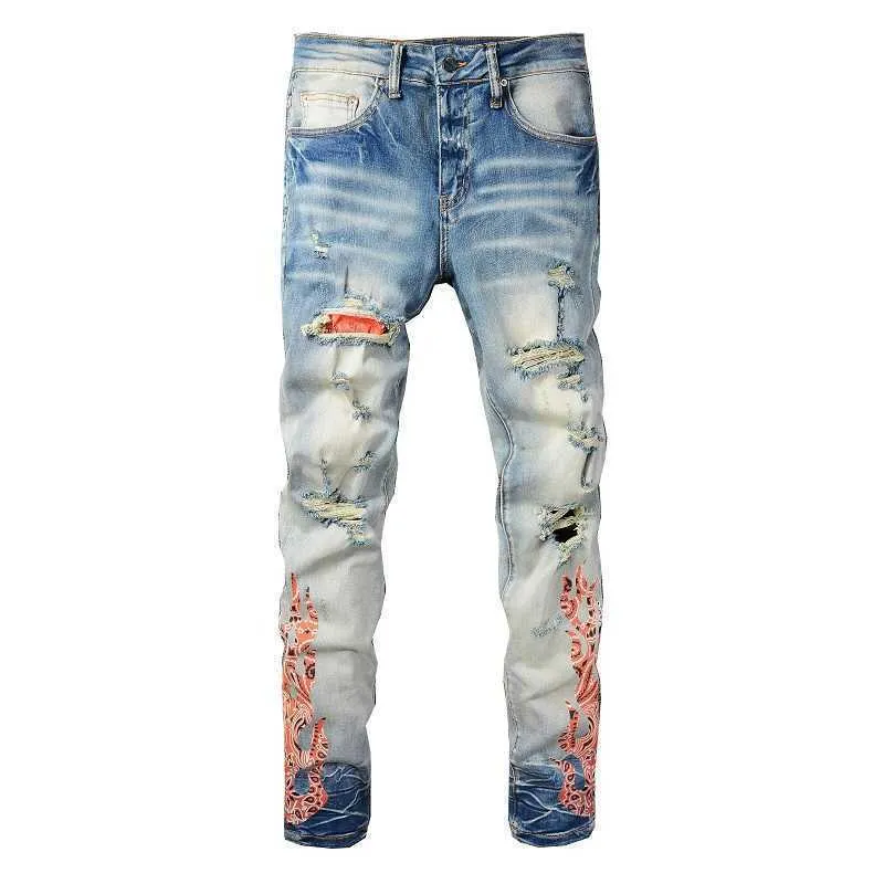 Men's Jeans Men Paisley Bandanna Print Jeans Streetwear Flame Holes Patchwork Ripped Distressed Pants Slim Skinny Tapered Trousers T221102