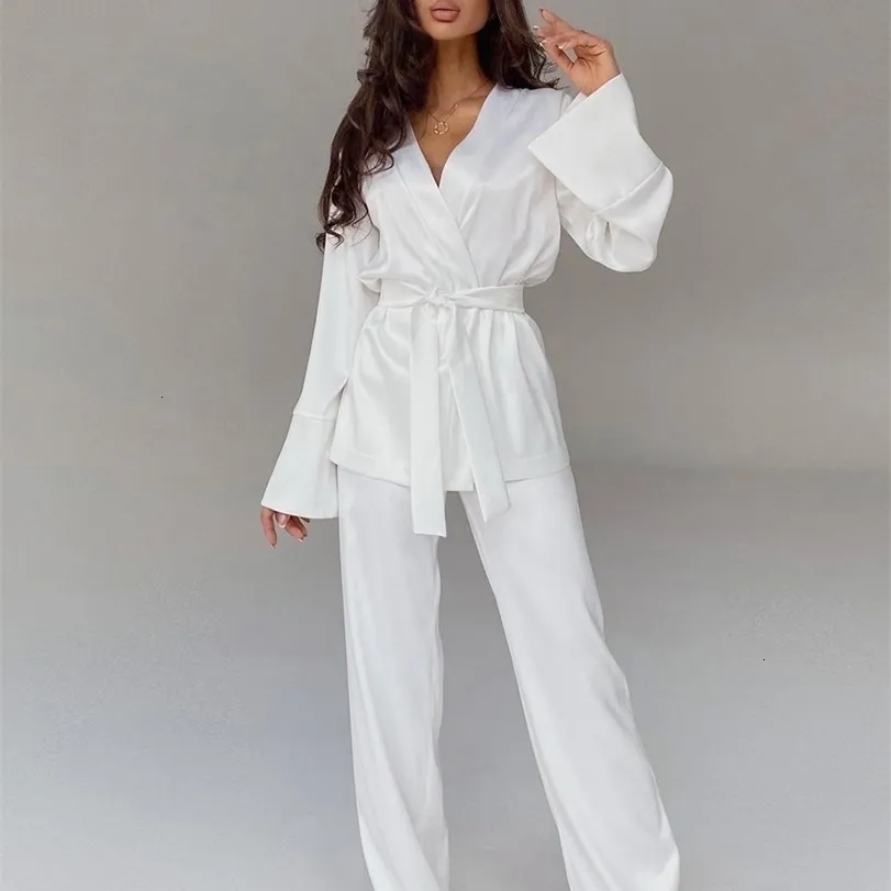 Pijama de pijamas sexy feminino pijamas de cor sólida para mulheres conjuntos de mantos de mangas cheias roupas de casa feminina Terce
