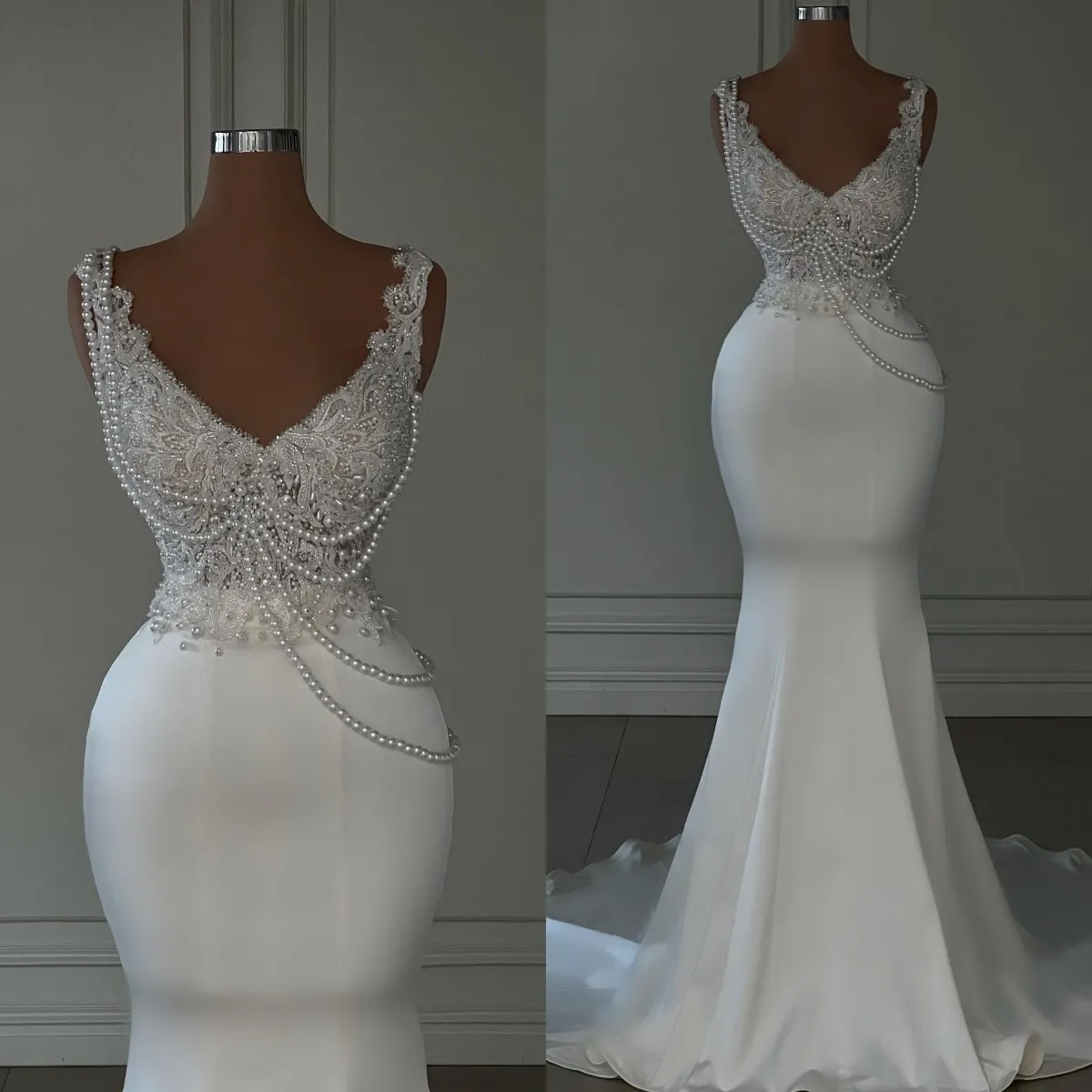 Eleganta pärlor 2023 sjöjungfru bröllopsklänning spetsar appliced ​​pärlstav v hals brudklänningar satin skräddarsydd vestidos de novia