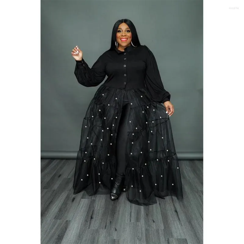 Robe longue en maille transparente pour femmes, grande taille, Patchwork de perles, manches d'automne, ample, Streetwear, Robes chics assorties