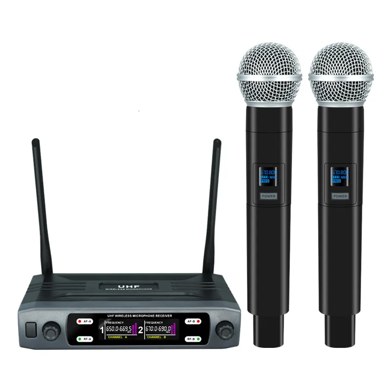 Microfones sem fio Microfones Handheld canais duplos UHF Mic Din￢mico de Frequ￪ncia Fixa para Karaoke Wedding Party Band Church Show 221114