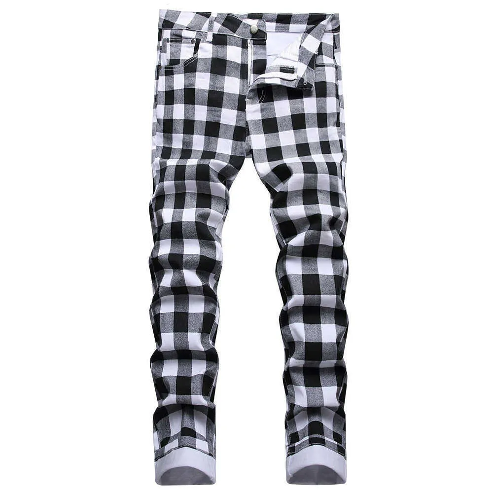メンズジーンズメンズ黒と白の格子縞のプリントジーンズファッションチェックデジタルプリントスリムストレートパンツストレッチズボンT221102
