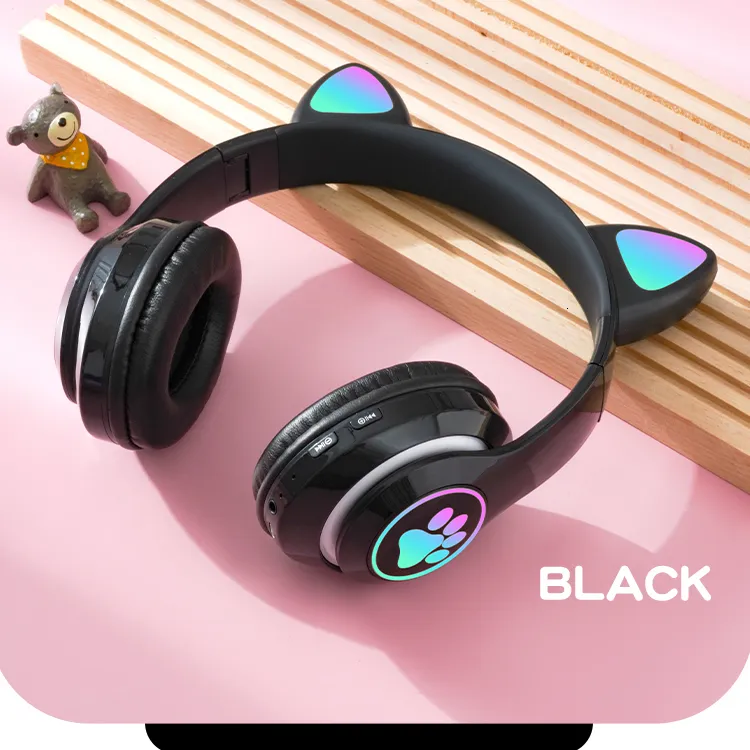 Cuffie auricolari per cellulare, cuffie wireless con luce flash, graziose orecchie di gatto con microfono, LED, cuffie stereo per musica da bambina, casco_voghion.com