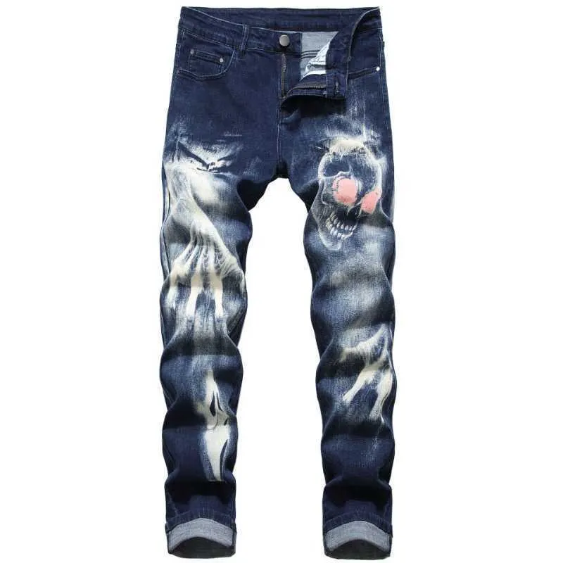Dżinsy męskie 2021 fajne projekt 3d czaszka druk punkowy men vintage ołówek dżinsy spodnie ciemne streetwear hip hop Slim Danim Pants dla nastolatków T221102