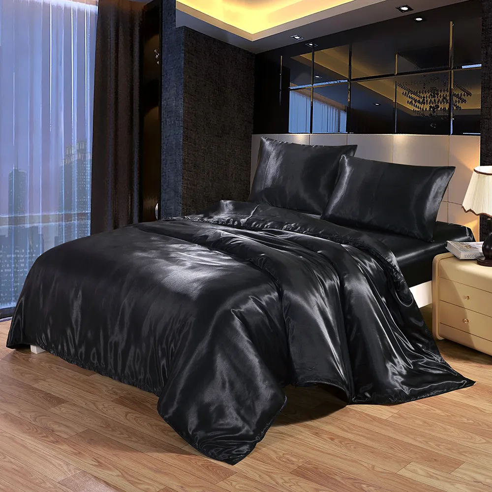 Conjunto de cama 4 pe￧as de luxo cetim de seda queen king size canteiro conjunto edredom scilt tampa de edred￣o plana e equipamento de cama de cama lj201127