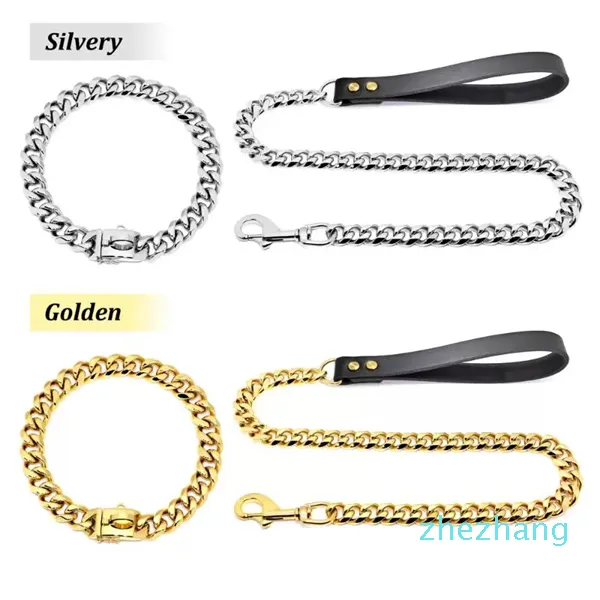 Dog Collars Leashes 304 Stainless Steel Chain Collar And Leash Super Strong Metal Choke Silver Gold Pet Lead Rope For Party Show266Q