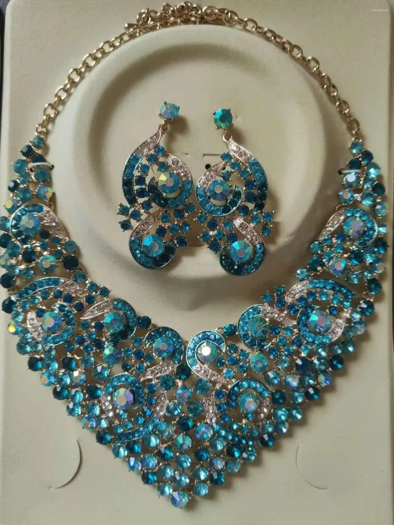 Ensemble collier et boucles d'oreilles avec strass en cristal bleu, bijoux de mariage nigérians, à la mode, bavoir épais, 5 couleurs, WC010