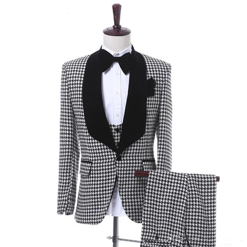 Custom Made Men Suits Houndstooth Groom Tuxedos Szal klapy Groomsmen Wedding/Prom/Dinner Man Blazer Pants Kamizelka W797