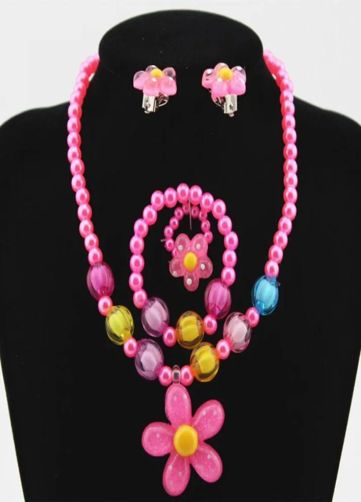 4pcs Kids Baby Girl039s Imitation Pearls Beaded Sun Flower Necklace Bracelet Rings Earrings Jewelry Set Children Party Gift9161161
