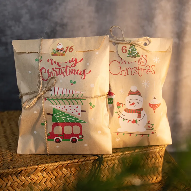 Geschenkwikkeling 24Sets Icraft Christmas Kraft papieren zakken feest voorstander van traktatie Packing Set Cookies zak met Xmas Stickers Red Snowman 221014