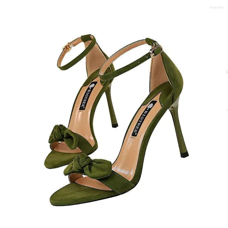 Dress Shoes Korean Version Of The Fashion Slim Women's Summer Thin Heels Suede Faces Bows Single Stripe Sandals With Open Toe