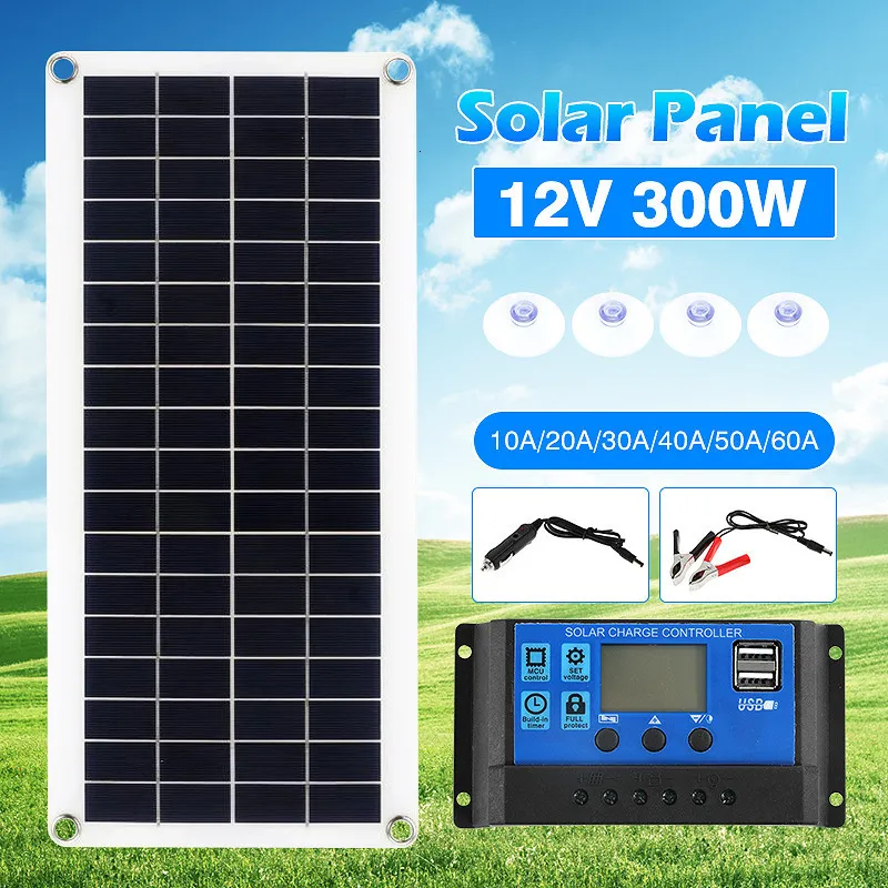300W Flexible Solar Panel Kit: 12V Battery Charger Power Bank with Dual ...