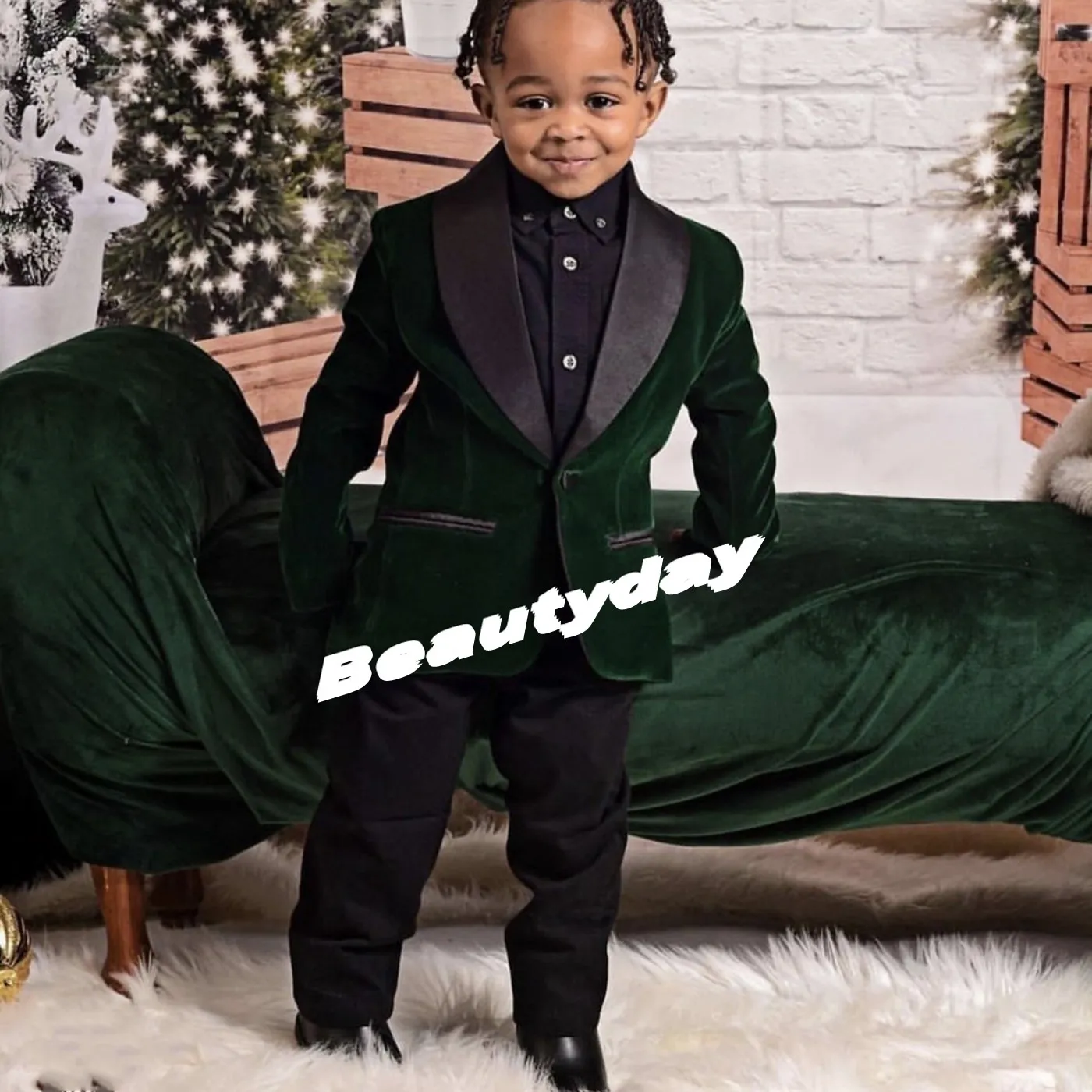 Gr￼ne Samt Ringtr￤ger Kleidung Jungen formelle Anz￼ge f￼r Hochzeitskleidung Royal Kids Birthday Party Outfits Sets Jacke Hosen Bow-Tie Black Shawl Revers Revers