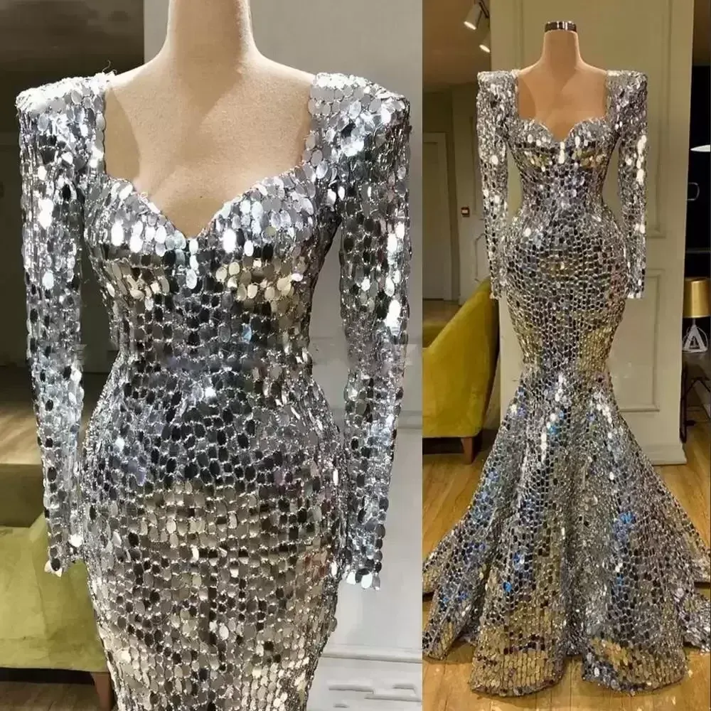 Sparkly Sequins Silver Mermaid Prom Dresses Long Sleeves Arabic Evening Dress Dubai Long Elegant Women Formal Party Gala Gowns