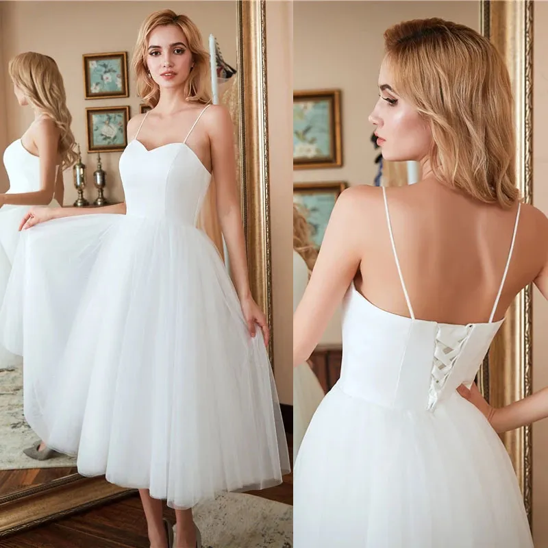 Abito da sposa senza spalline Abiti da sposa semplici Abiti da festa da sposa eleganti da spiaggia Taglie forti Vestido De Noiva Lunghezza tè bianco