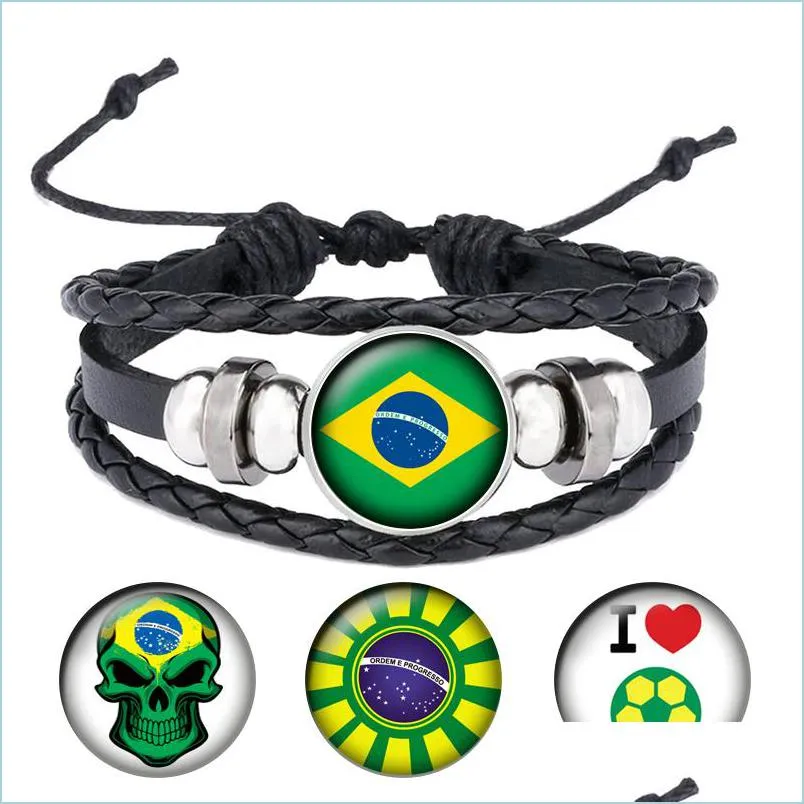 Braccialetti con ciondoli Nuovo Brasile Bandiera nazionale Cabochon Snap Charm Bracciale in pelle da uomo Regola le dimensioni per gli appassionati di calcio B047 Consegna a goccia Dhovh