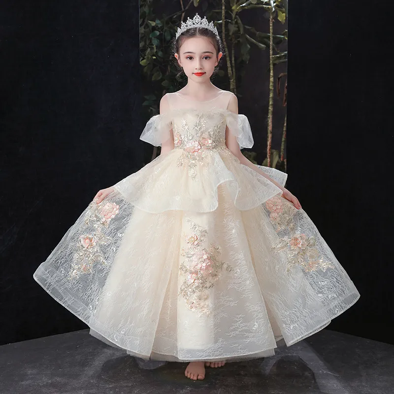 Adorabile abito da ballo per bambini abiti da concorso abiti in pizzo applicato lungo fuori spalla fiore ragazza vestito cristalli tulle prima santa comunione abiti 403