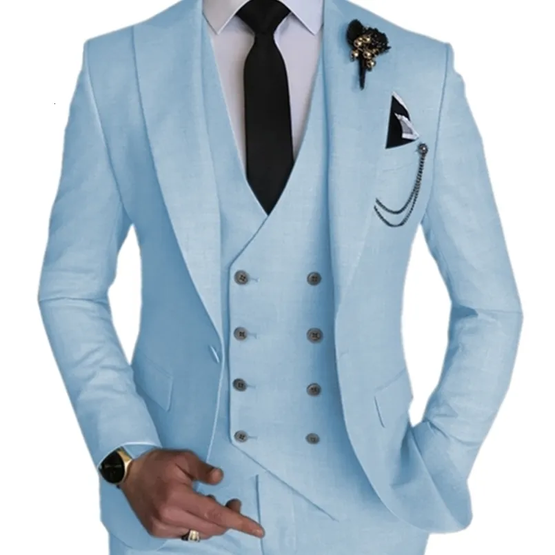 Herrdräkter Blazers Fashion Smart Business Sky Blue Costume Homme Wedding Men Lapel Groom Tuxedos Terno Masculino Prom Blazer 3 Pieces 221111