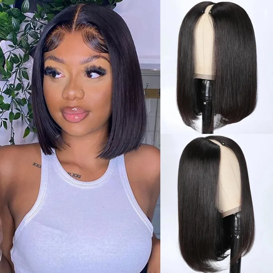 Straight Short Bob V Part Wig Human Hair No Leave Out Glueless Upgrade U Part Wigs Brazilian 150% full natural small cap pixie blunt cut