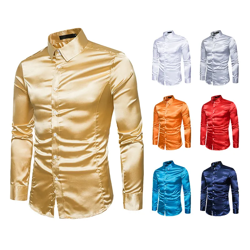 Night Club Style Shiny Long Sleeve Shirt Fashion Slim tun down Collar Shirt Men's European Size