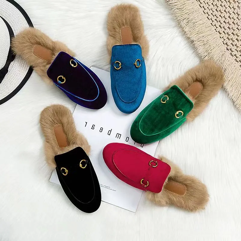 Designer Furry Slippers Womens Slides Fluffy Faux Fur Shearling Slides Fuzzy Sandals Open Toe Fashion Flat Shoes Indoor Outdoor