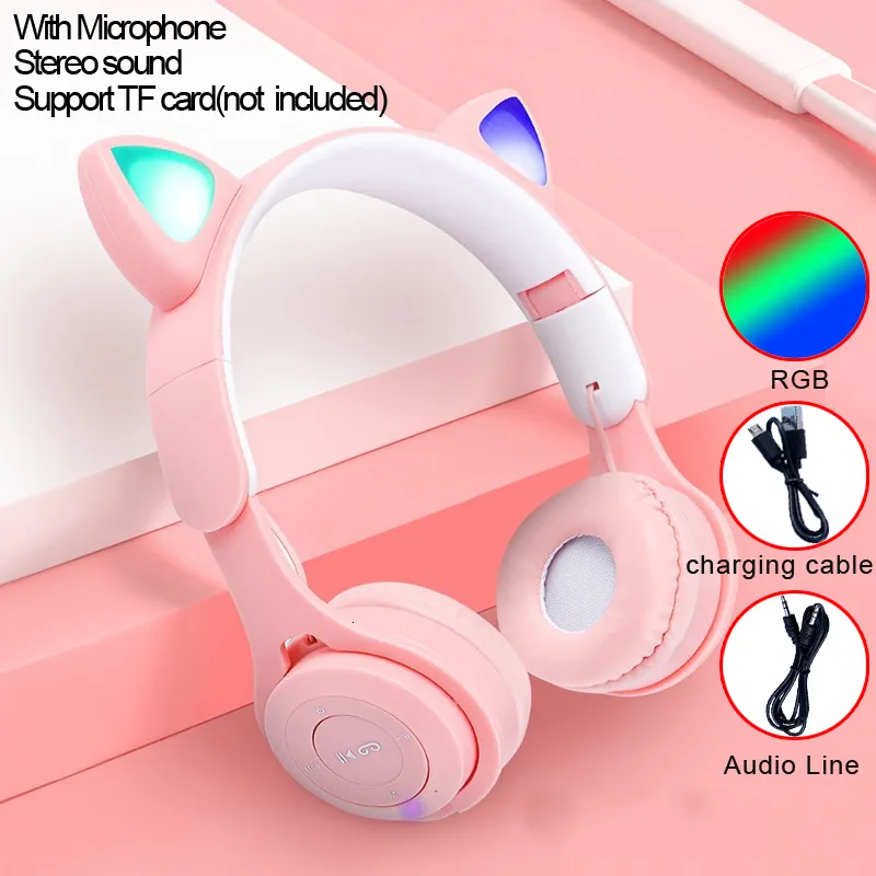 Auricolari per cellulare Flash Light Orecchie di gatto carino Cuffie wireless con controllo microfono LED Kid Girl Musica stereo Casco Auricolare Bluetooth Regalo 221114