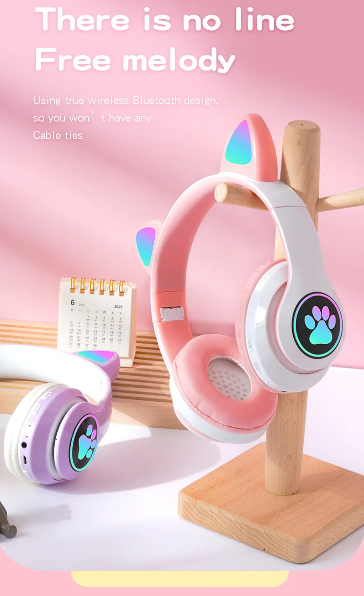 Cuffie auricolari per cellulare, cuffie wireless con luce flash, graziose orecchie di gatto con microfono, LED, cuffie stereo per musica da bambina, casco_voghion.com