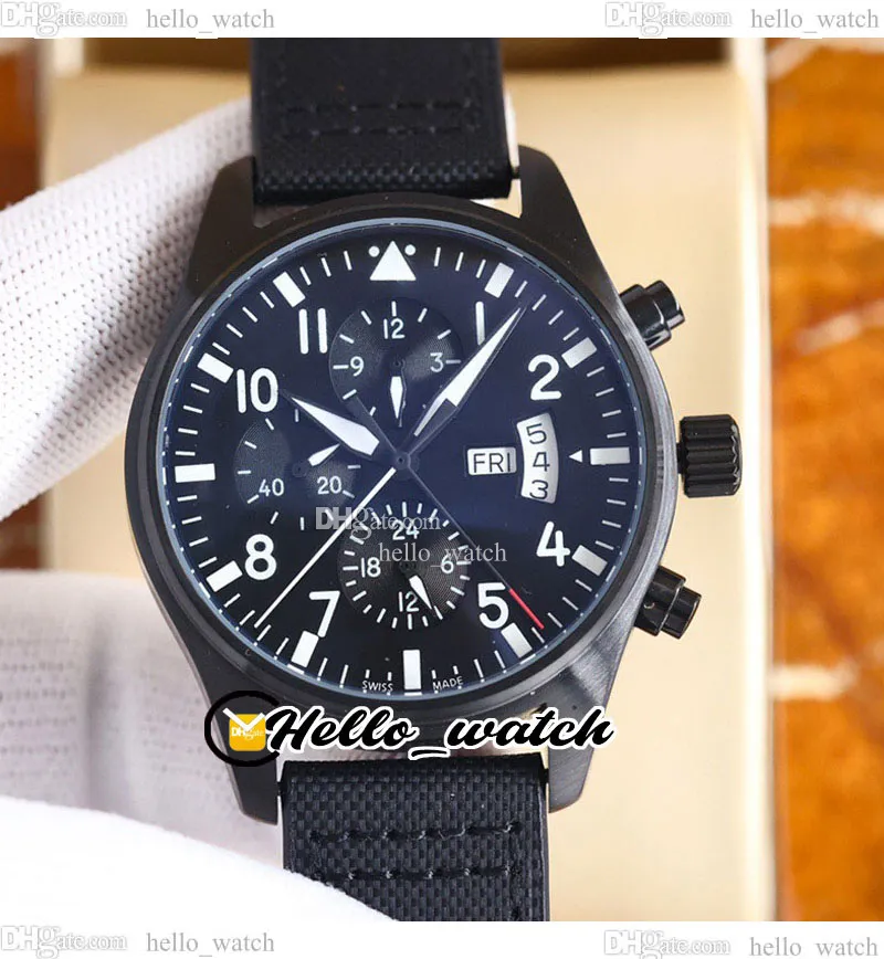 43 mm piloten foo jagers IW378901 Automatische heren Watch Black Dial Nee Chronograph PVD Black Steel Case Nylon Leather Riem dubbele kalender nieuwe horloges hellowatch