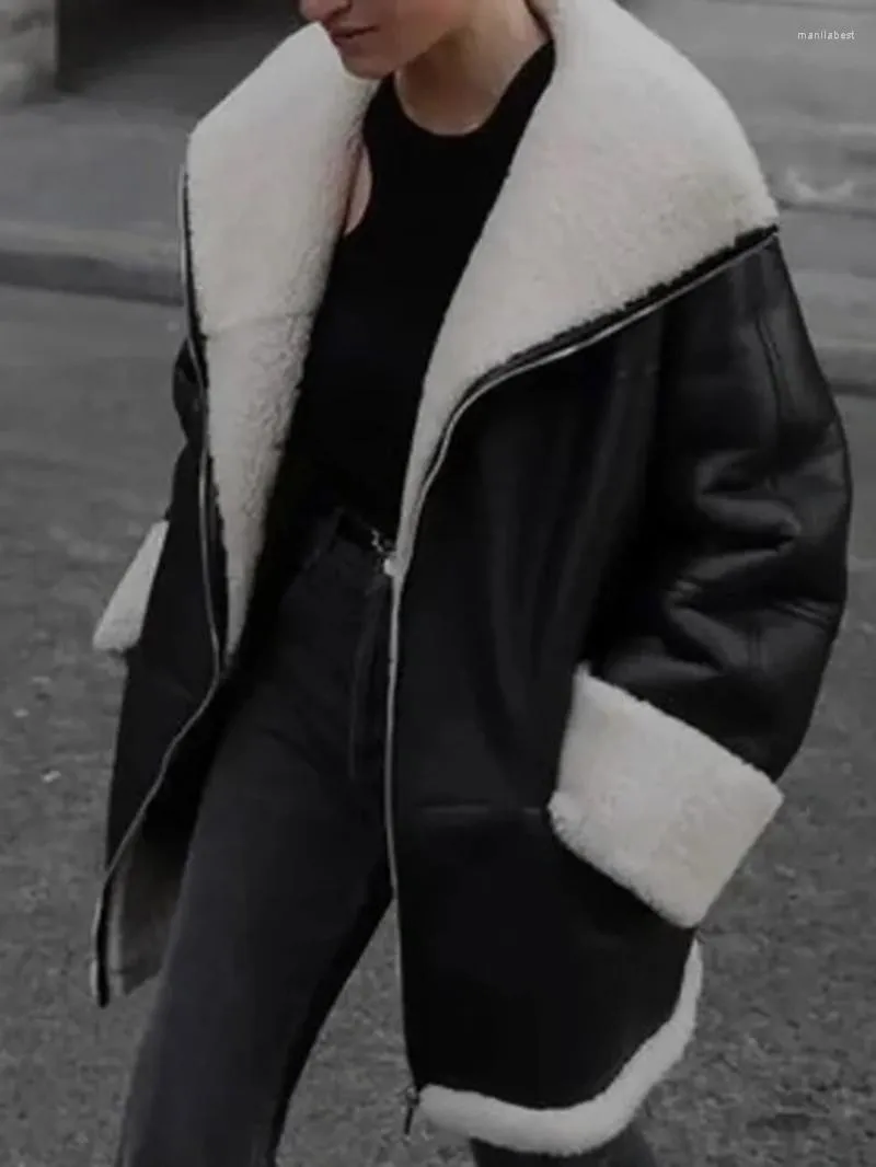 Cappotto da donna in pelliccia sintetica autunno inverno 2022 caldo colletto rovesciato con cerniera 2 colori capispalla giacca allentata da donna