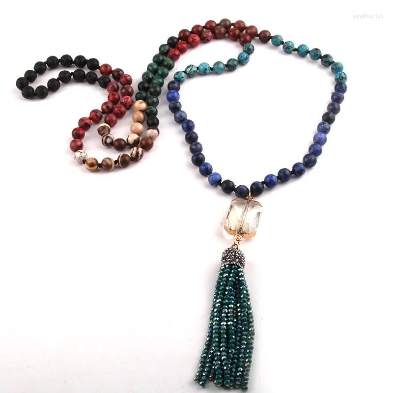 Подвесные ожерелья moodpc модные украшения 108 бусинки много камня завязанная хрустальная связь стеклянную кисточку йога
