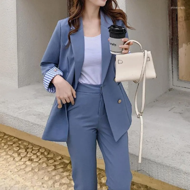 Women's Two Piece Pants Women's Spring Double Breasted Blazer Office Pantsuit Solid Long Sleeve Jacket Trousers 2 Set Female Fashion