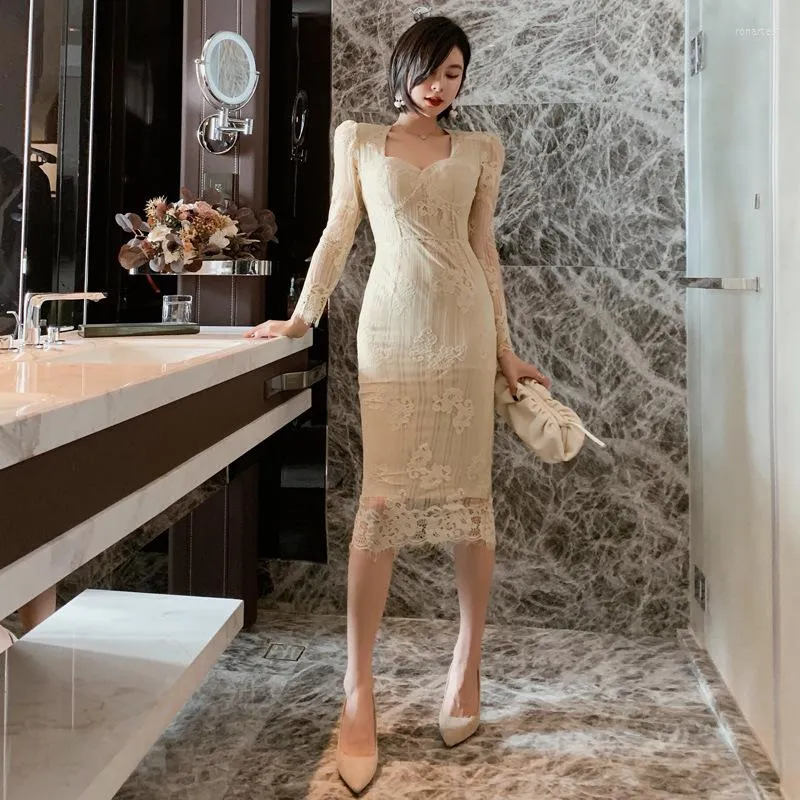 Casual Dresses Khaki Square Collar Long Sleeves High-end Women Dress Office Bandage Bodycon Vintage Sexy Party Spring Lace