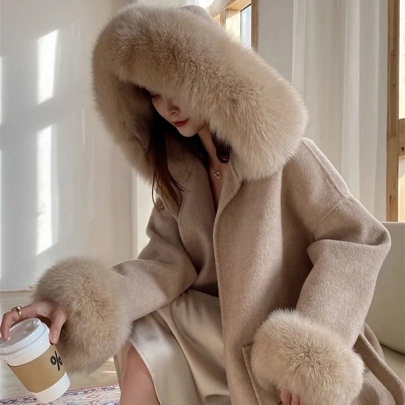 Misto lana da donna di alta qualità autunno inverno vero cappotto di lana di cashmere con vera pelliccia con cappuccio famosi cappotti di pelliccia capispalla drop 221113