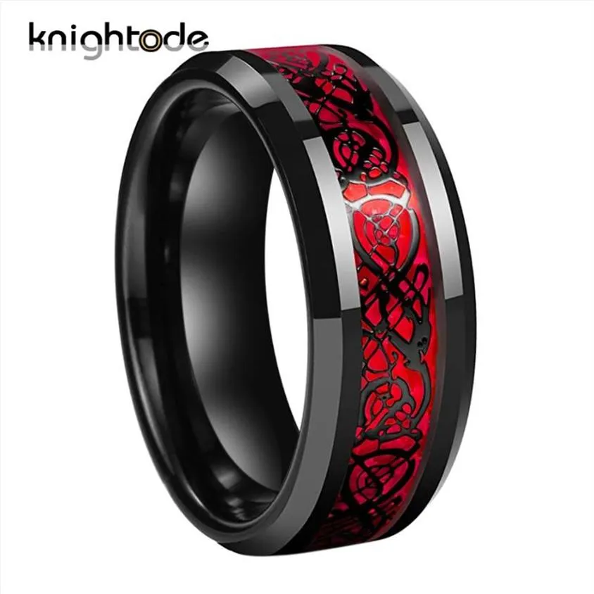 8mm herrar svart keltisk drake ring volfram karbidringar ringer röda kolfiber bröllop band mode par smycken ring komfort 3060
