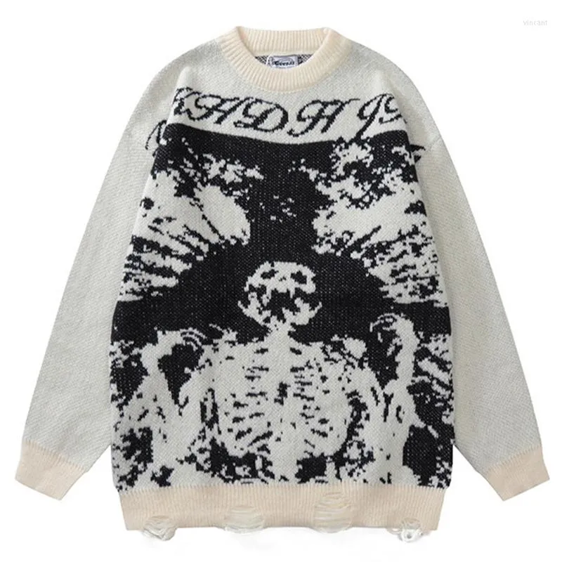 Chandails masculins 2022 Sweater tricot￩ Sweater Vintage Streetwear Lettre squelette Pull Gothic Gothic Harajuku Hip Hop Loose Tullover