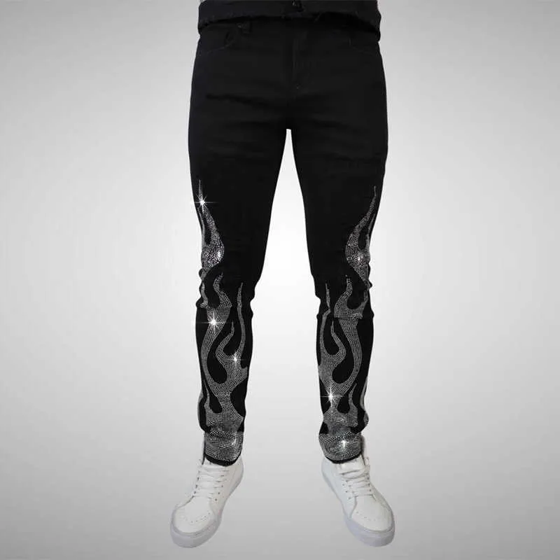 Jeans masculinos 2021 jeans pretos masculinos magros fit slim fit slim drill punk streetwear calça calças de shinestone hole de jeapis T221102