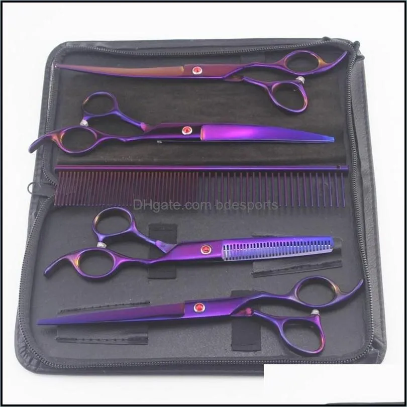 Dog Grooming 7 Purple Professional 6Pcs / Ciseaux de toilettage pour animaux de compagnie Kit de ciseaux pour cheveux de chien Tondeuse incurvée Accessoires de beauté pour coiffure pour animaux de compagnie Dha07