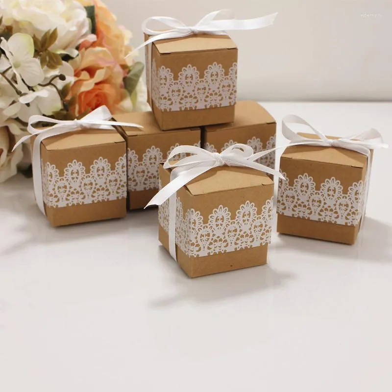 Gift Wrap 50pcs Lace Bow Candy Box Flower Kraft Paper Baby Shower Dragee Baptism Birthday Wedding Mini Single Cake Packaging