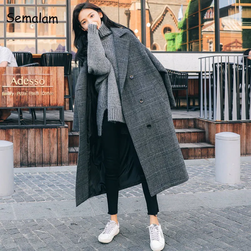 Women's Wool Blends Elegant Women Plaid Coat Korea Retro Dark Gray Double Breasted Long Sleeve Chic Loose Outerwear Ladies Jacket Overcoat 221114